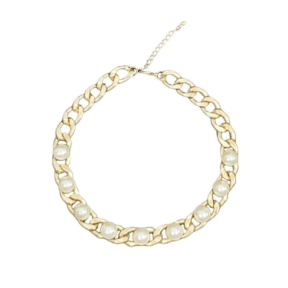 Faux Pearl Bead Gold Tone Link Chain Necklace 16" Chain